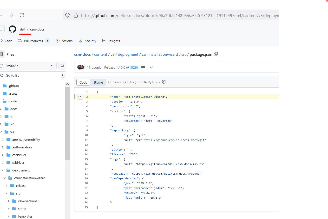 The package.json file open in the dell/csm-docs repository on GitHub, showing the name csm-installation-wizard