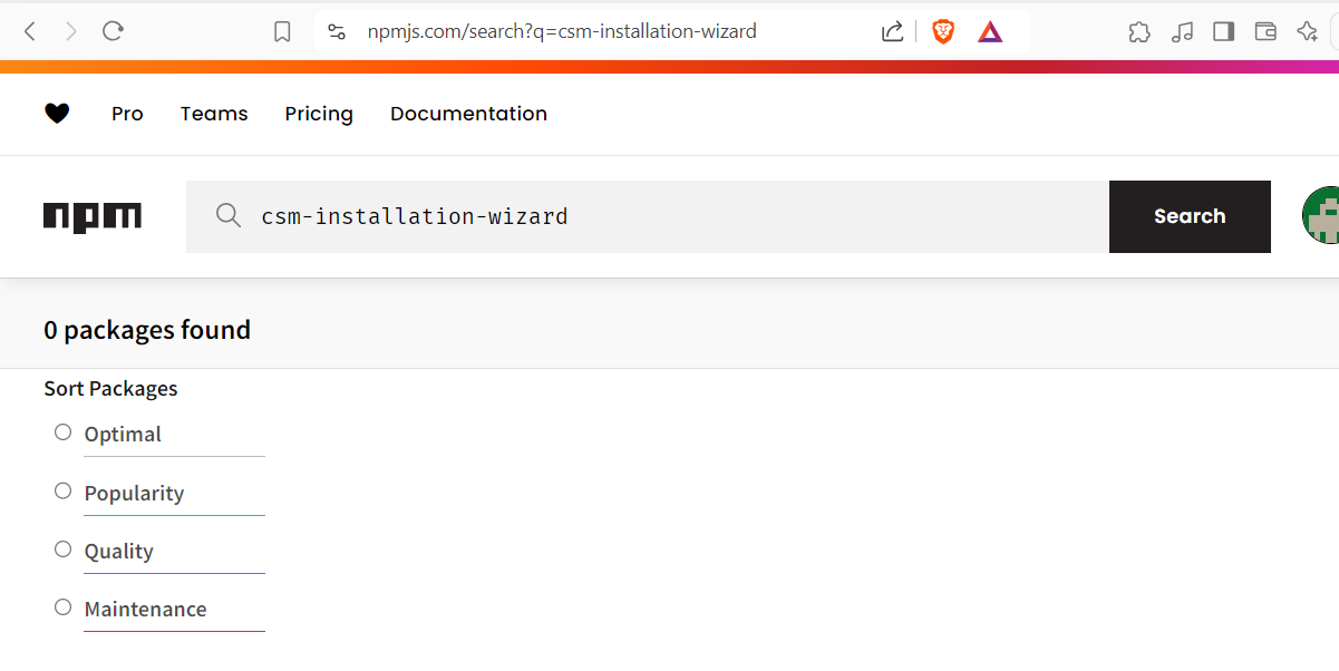 The npm search for csm-installation-wizard returning 0 packages found