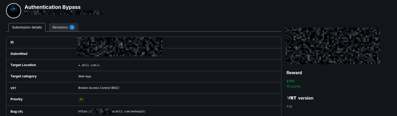 A Bugcrowd submission titled Authentication Bypass on a *.dell.com target, VRT Broken Access Control, priority P3, rewarded 750 dollars. The host and other details are redacted.