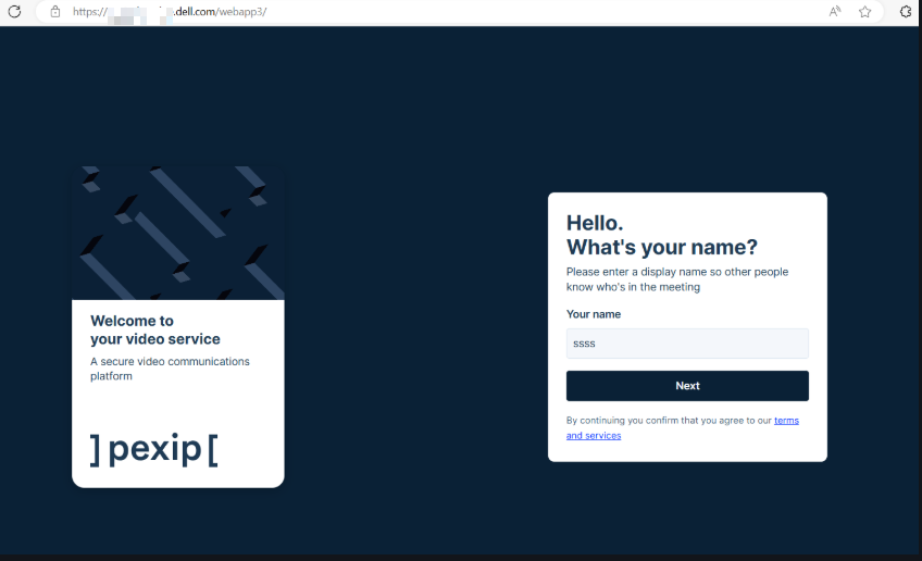 The Pexip video service join page on a Dell subdomain, with a welcome panel and a prompt to enter a display name before continuing. The host in the address bar is blurred.