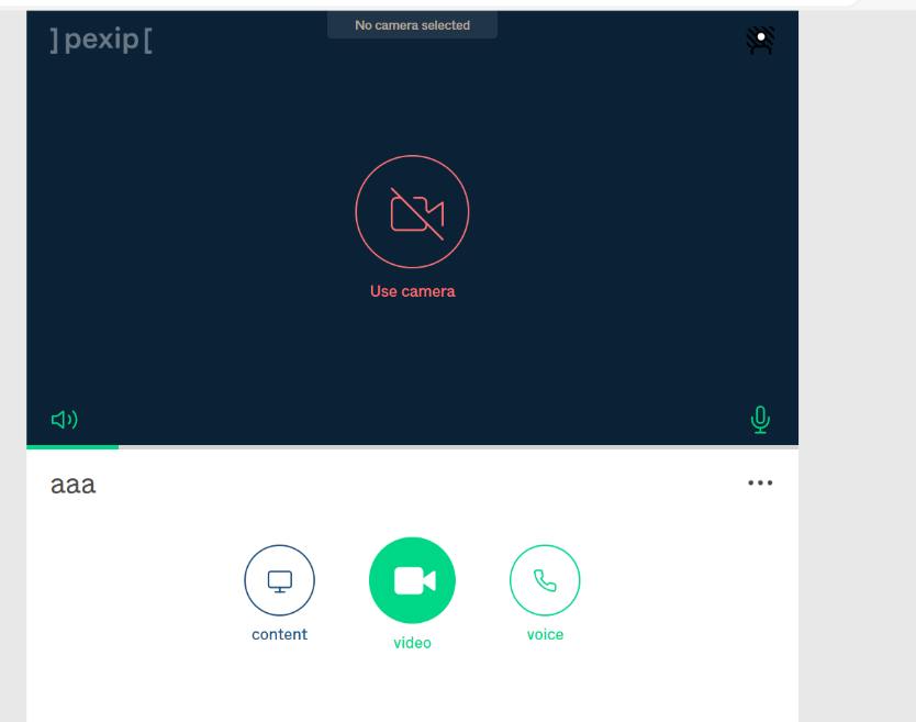 The Pexip meeting dashboard with camera, content and voice controls, reached after the join step.