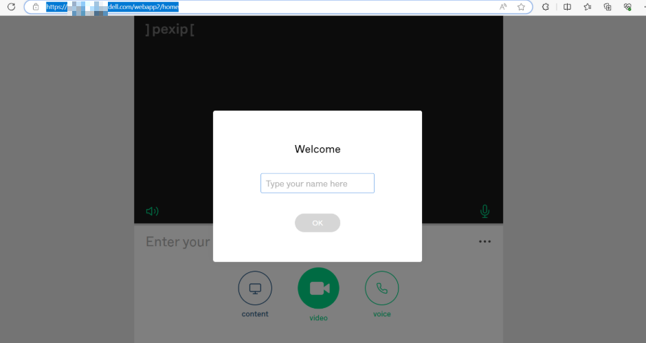 The sibling app path opened directly into the meeting dashboard, showing the room controls, with the host in the address bar blurred.