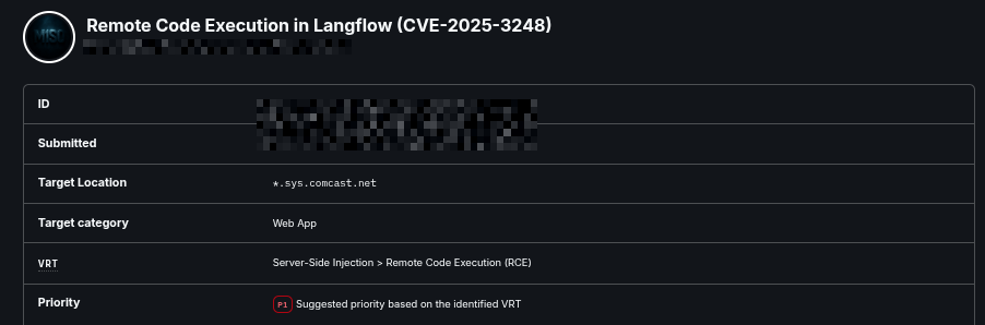A Bugcrowd submission for Remote Code Execution in Langflow (CVE-2025-3248), target category Web App, VRT Server-Side Injection Remote Code Execution, priority P1