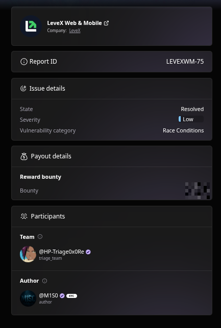 The HackenProof report LEVEXWM-75 on the LeveX Web & Mobile program: state Resolved, severity Low, category Race Conditions, with M1S0 as the verified author