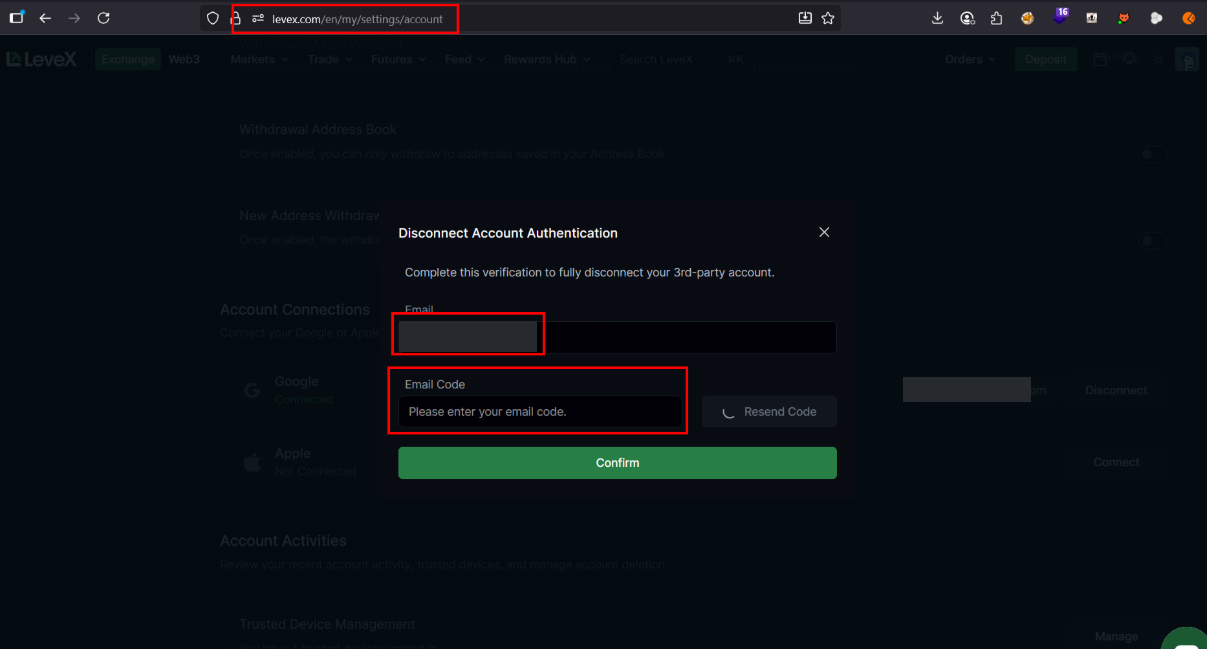 The LeveX Disconnect Account Authentication popup asking for an email code to confirm disconnecting a linked third-party account