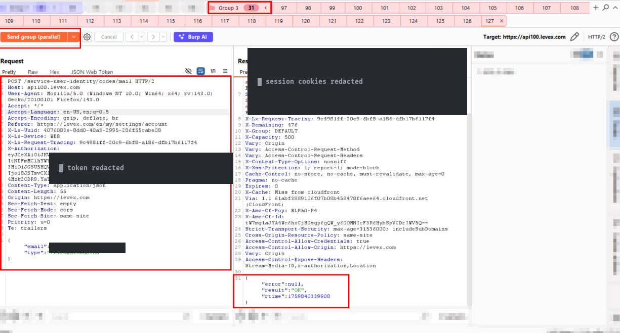 Burp Suite sending a group of about 31 identical OTP-request packets in parallel, each returning error null and result OK, showing the rate limit was bypassed