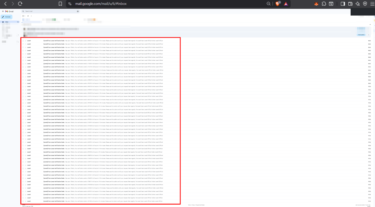 A Gmail inbox filled top to bottom with LeveX verification code emails from the parallel burst