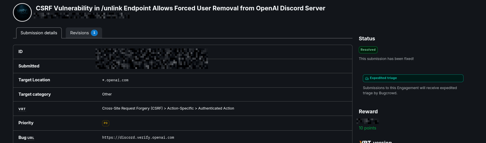 A Bugcrowd submission titled CSRF Vulnerability in the unlink endpoint, target *.openai.com, VRT Cross-Site Request Forgery, priority P3, status Resolved and fixed