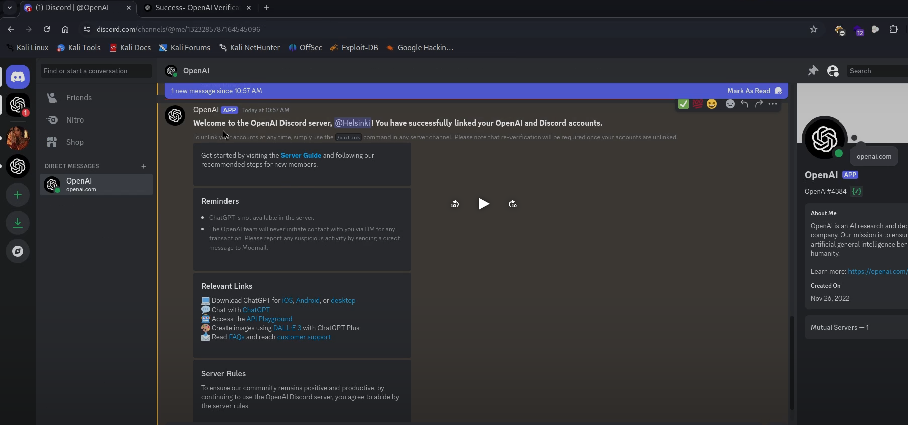 A Discord message confirming the OpenAI and Discord accounts have been successfully linked