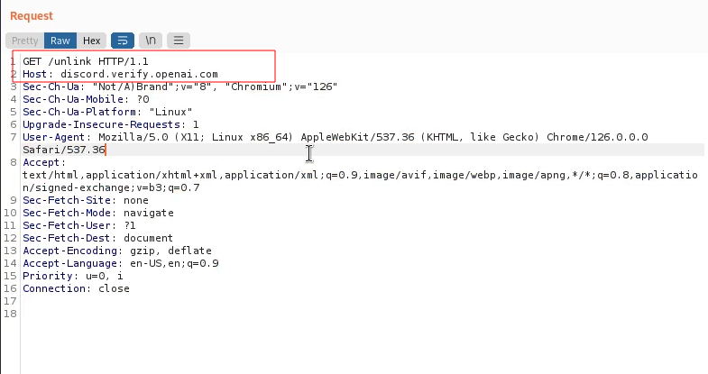 The raw HTTP request: GET /unlink to Host discord.verify.openai.com, with no anti-CSRF token and no cookie shown