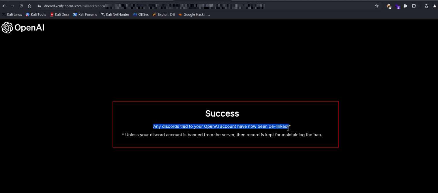 An OpenAI success page stating that any Discord tied to the OpenAI account has now been de-linked