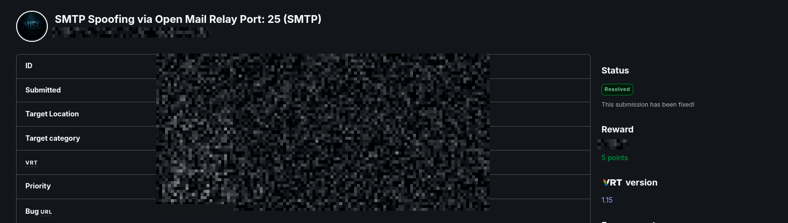 A Bugcrowd submission titled SMTP Spoofing via Open Mail Relay Port 25, with status Resolved and a note that the submission has been fixed. The target and reward are redacted.