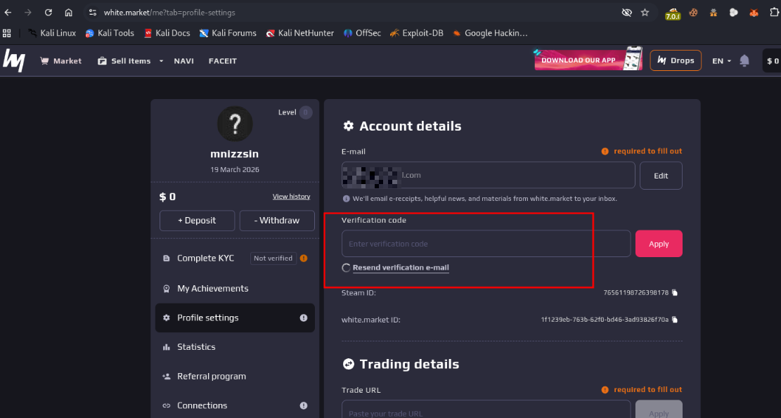 The WhiteMarket profile settings page showing the account e-mail field and the Resend verification e-mail link, with the email address blurred