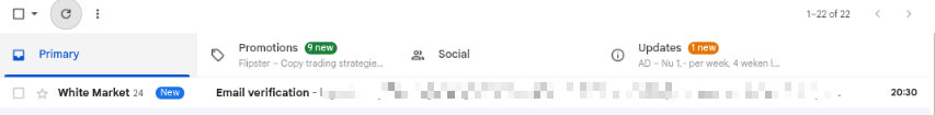 A Gmail inbox row showing 24 grouped White Market email-verification messages received from one batch